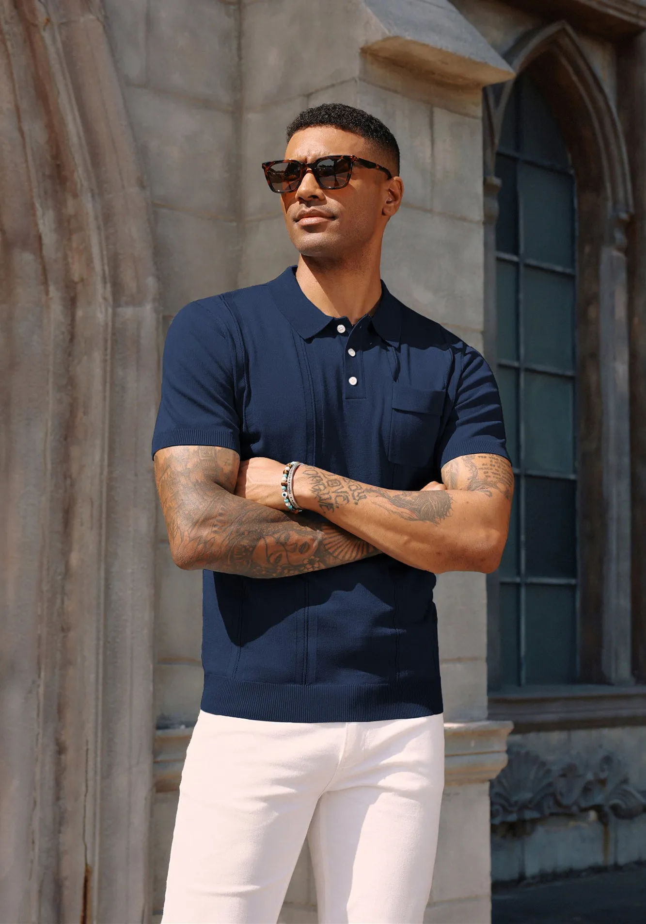 Men's Knit Polo Shirt Short Sleeve Casual Solid Golf Shirts with Pocket