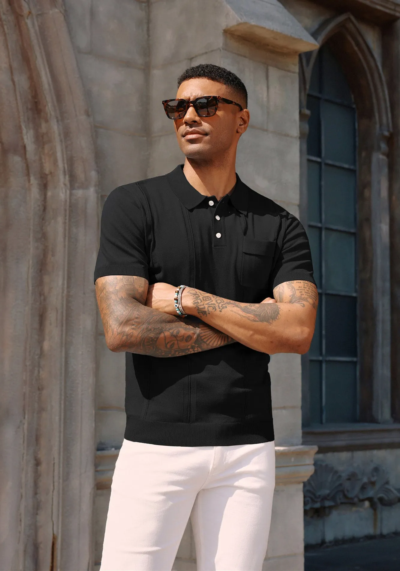 Men's Knit Polo Shirt Short Sleeve Casual Solid Golf Shirts with Pocket