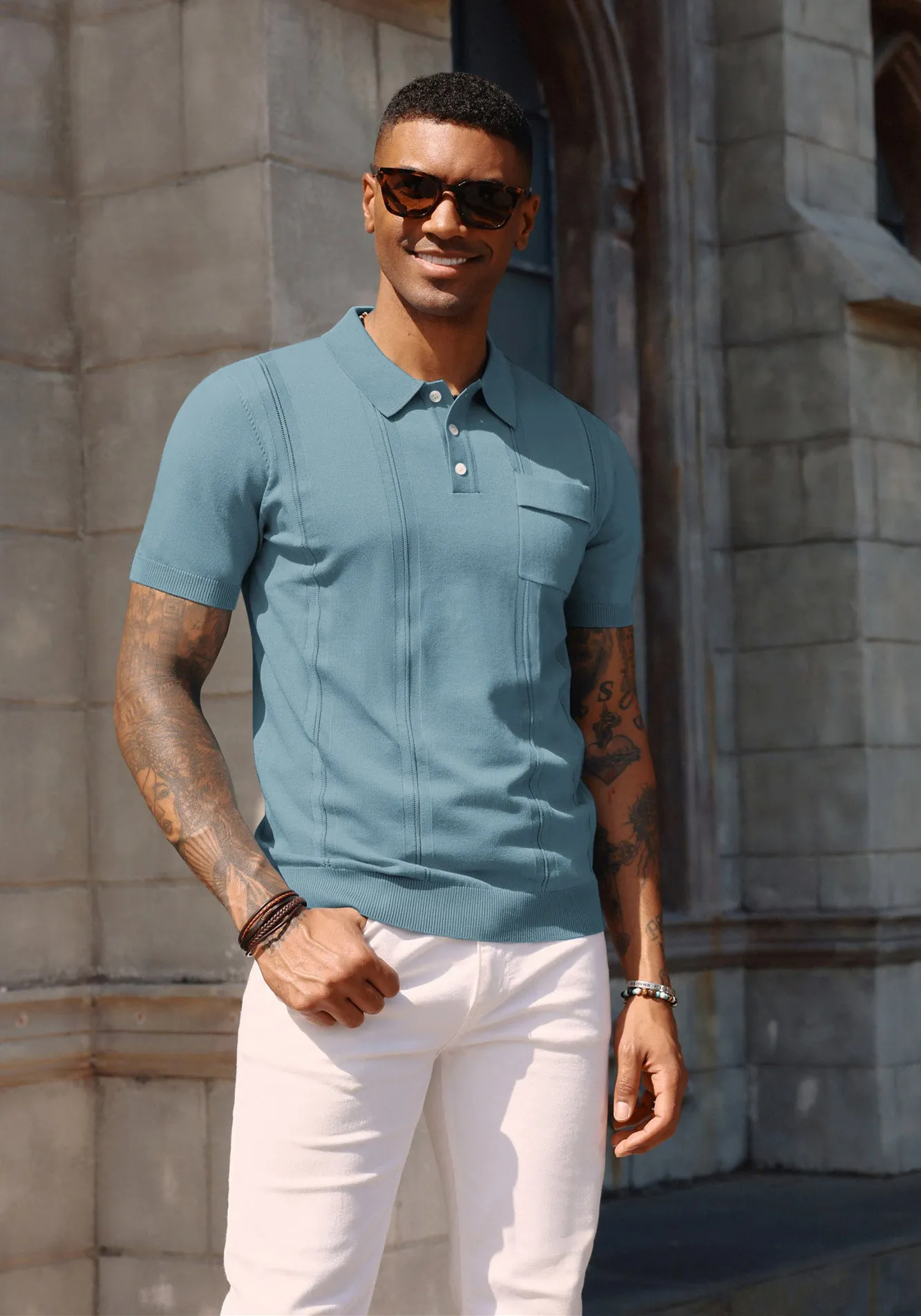 Men's Knit Polo Shirt Short Sleeve Casual Solid Golf Shirts with Pocket