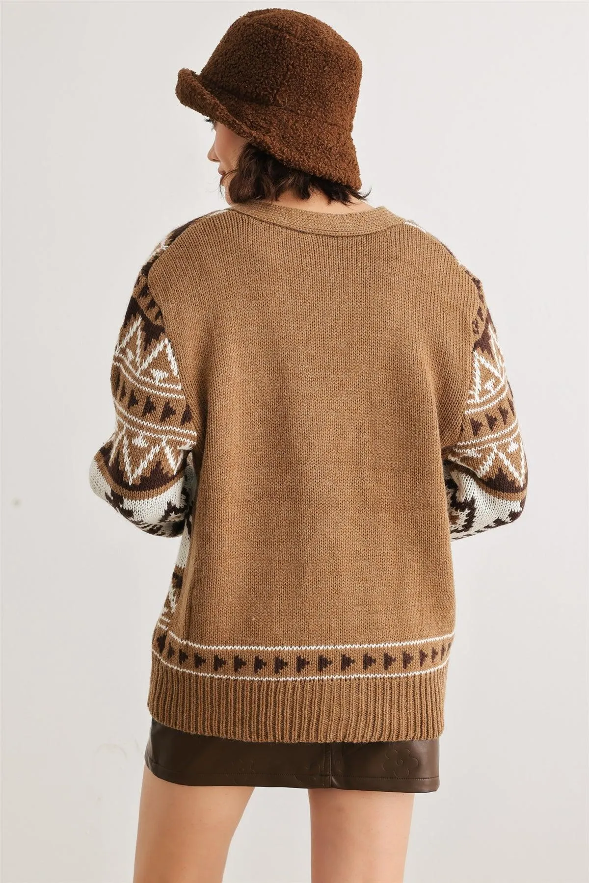 Mocha Fair Isle Knit Button-Up Long Sleeve Cardigan Sweater /2-2-2