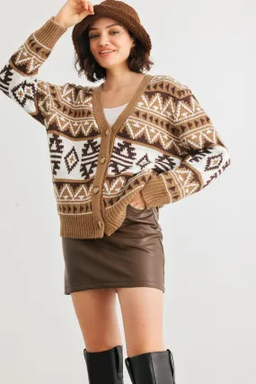 Mocha Fair Isle Knit Button-Up Long Sleeve Cardigan Sweater /2-2-2