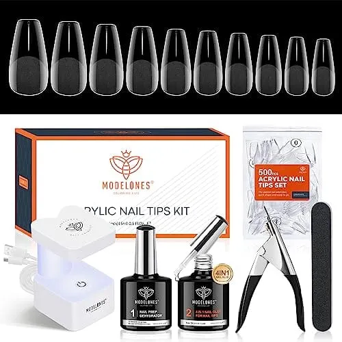 Modelones Nail Tips and Glue Gel Kit | 500Pcs Half Matte | Medium Coffin