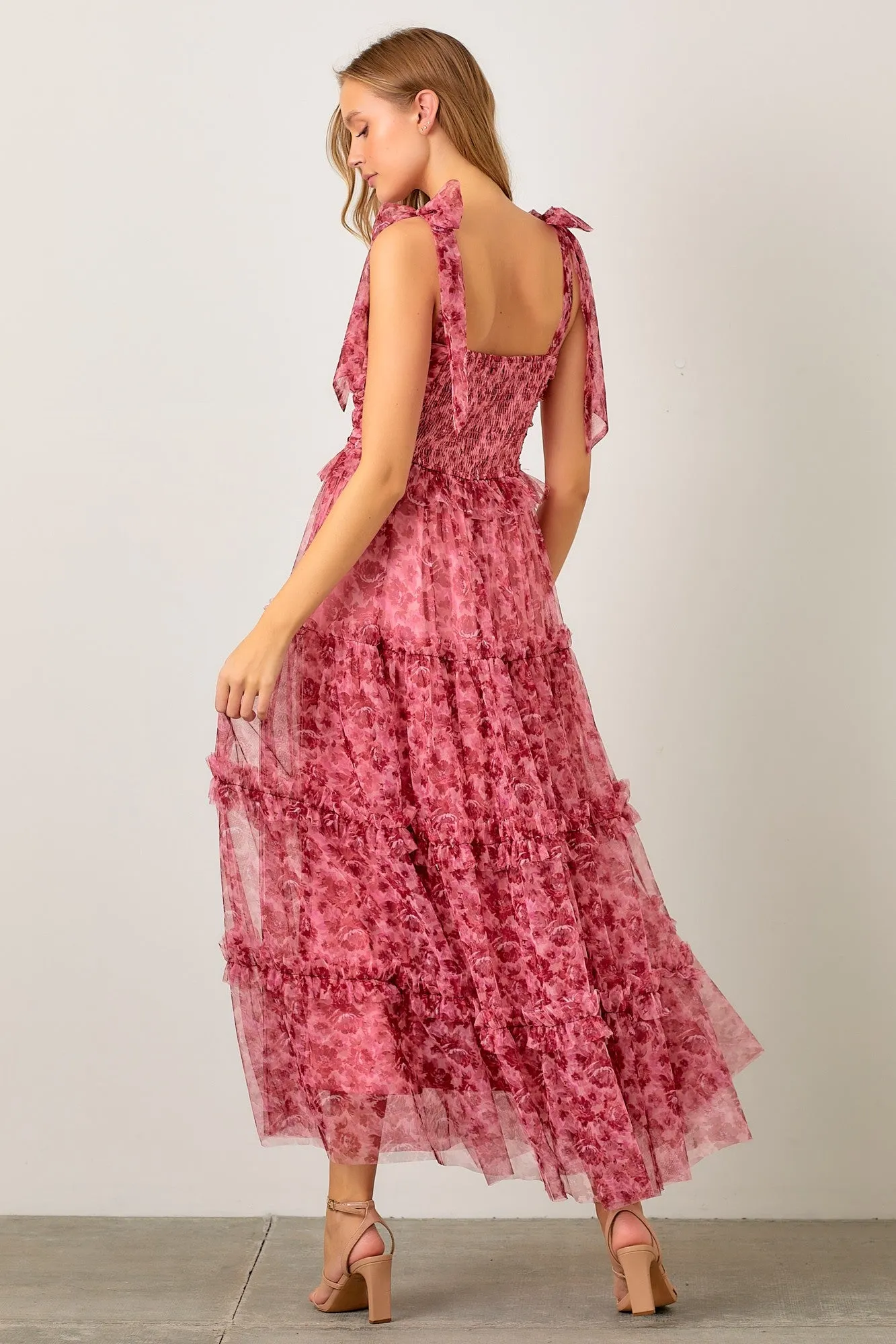 Monique Pink Tulle Floral Tiered Maxi Dress