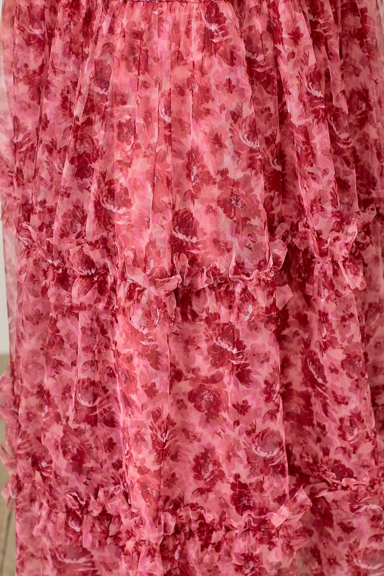 Monique Pink Tulle Floral Tiered Maxi Dress