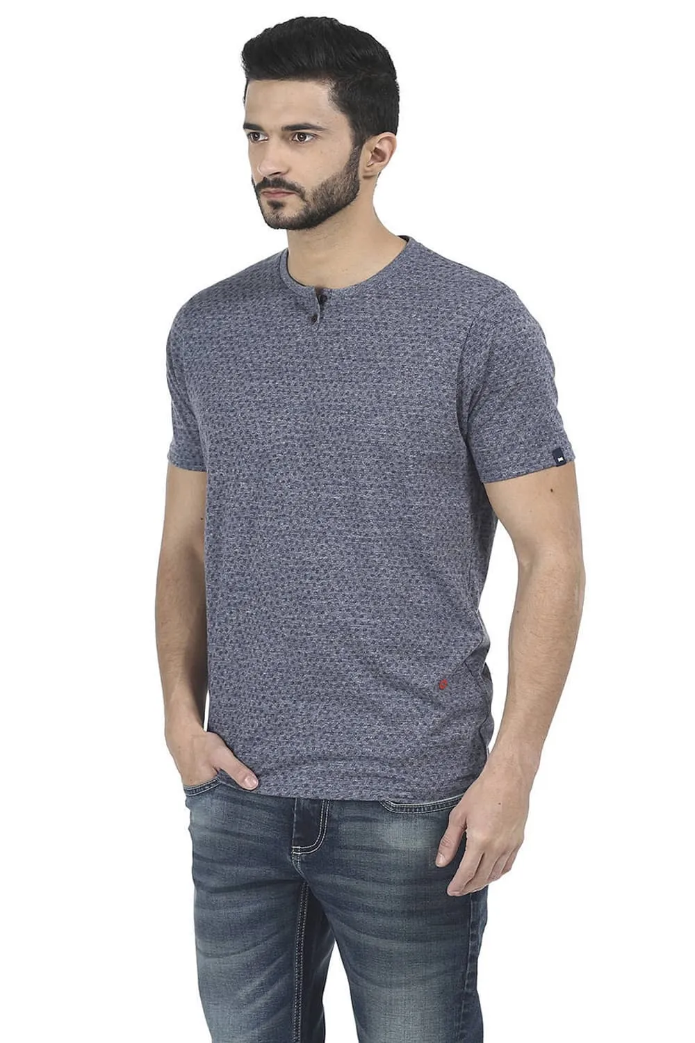 Muscle Fit Printed Henley Neck T Shirt