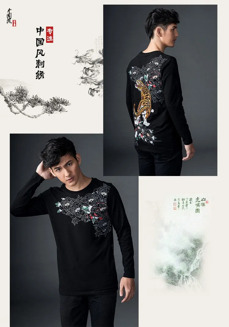 New Arrival, Chinese Style Dragon Embroidery, Men's Round Neck Cotton Shirts