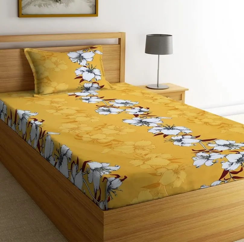 NHD HOME Premium Cotton Printed Single Bedsheet with One Pillow Cover for Coat/Diwan/ 4x6 Bed 180 Tc (150x225 cm, White & Yellow Flower) बेडशीट