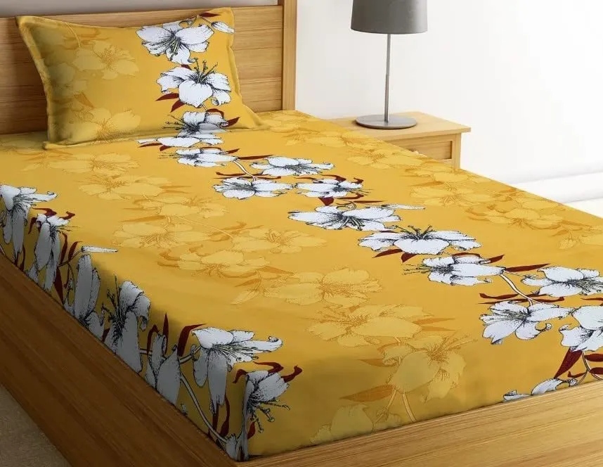 NHD HOME Premium Cotton Printed Single Bedsheet with One Pillow Cover for Coat/Diwan/ 4x6 Bed 180 Tc (150x225 cm, White & Yellow Flower) बेडशीट