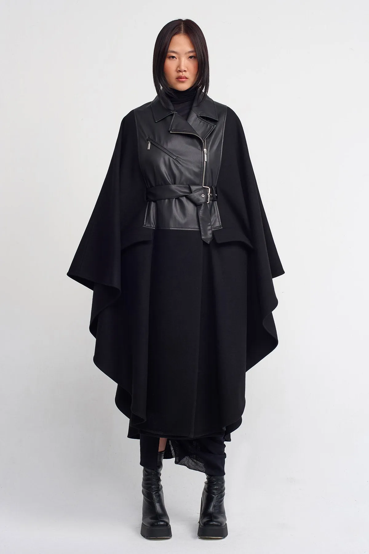 Nu Leather Detail Cape Coat Black