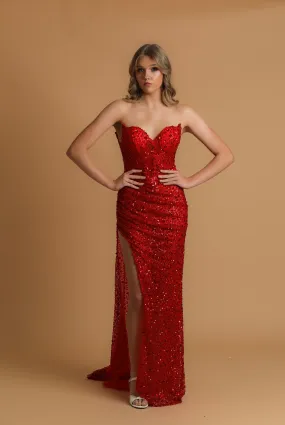 Red beaded wavy neck strapless corset dress