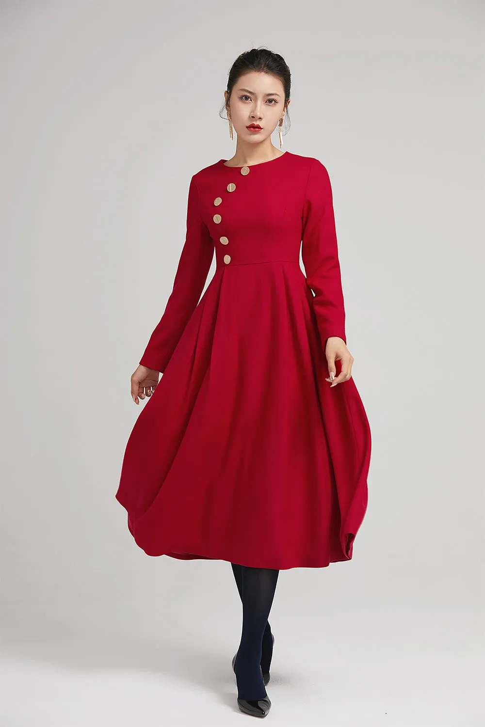 red warm winter midi pleated dress with button 2234