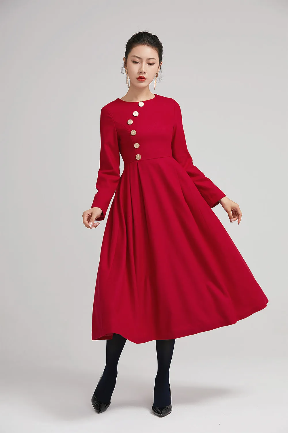 red warm winter midi pleated dress with button 2234