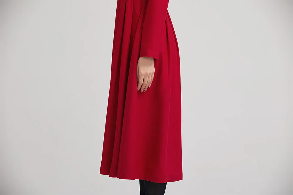 red warm winter midi pleated dress with button 2234