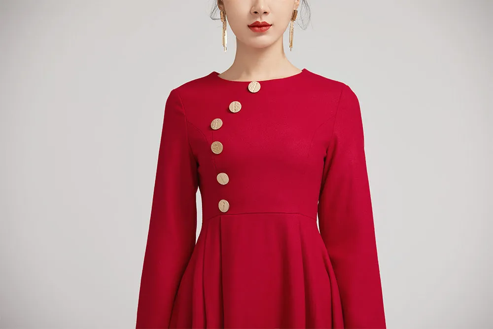 red warm winter midi pleated dress with button 2234