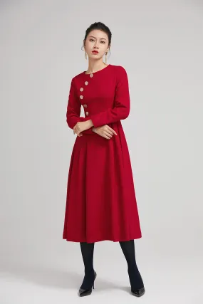 red warm winter midi pleated dress with button 2234