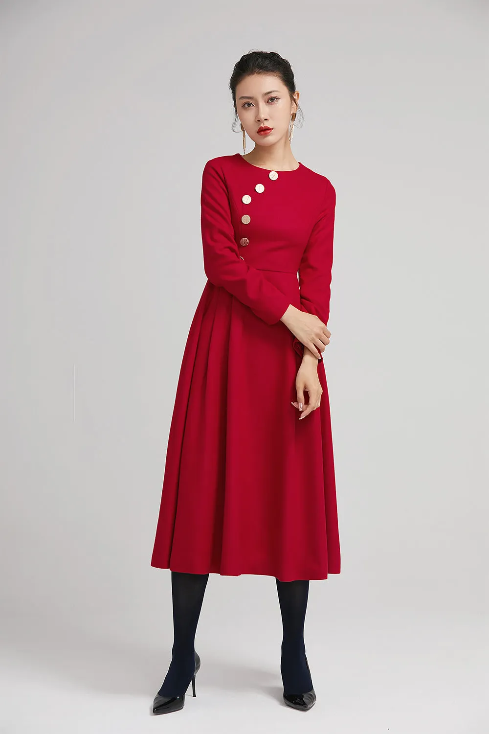 red warm winter midi pleated dress with button 2234