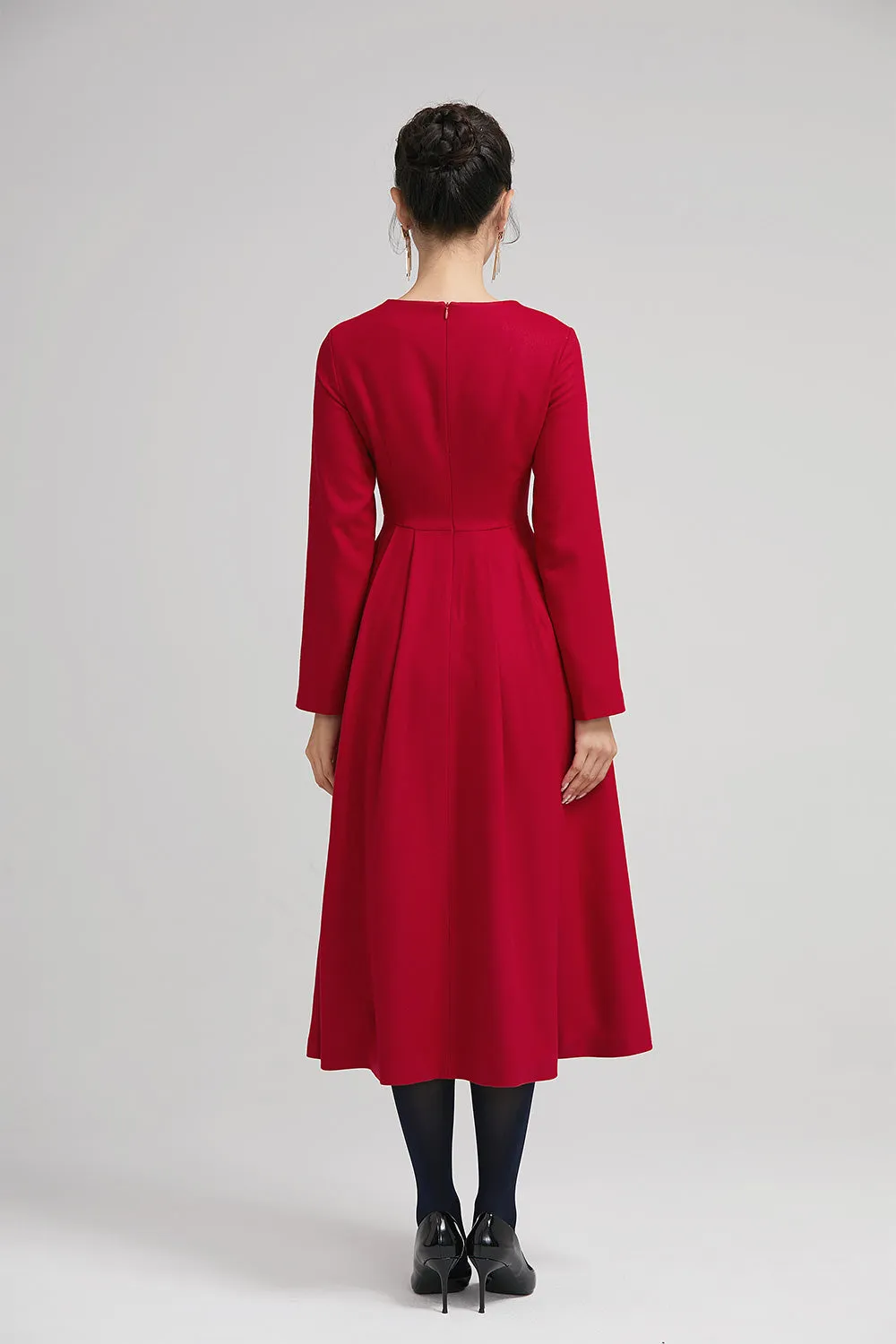 red warm winter midi pleated dress with button 2234