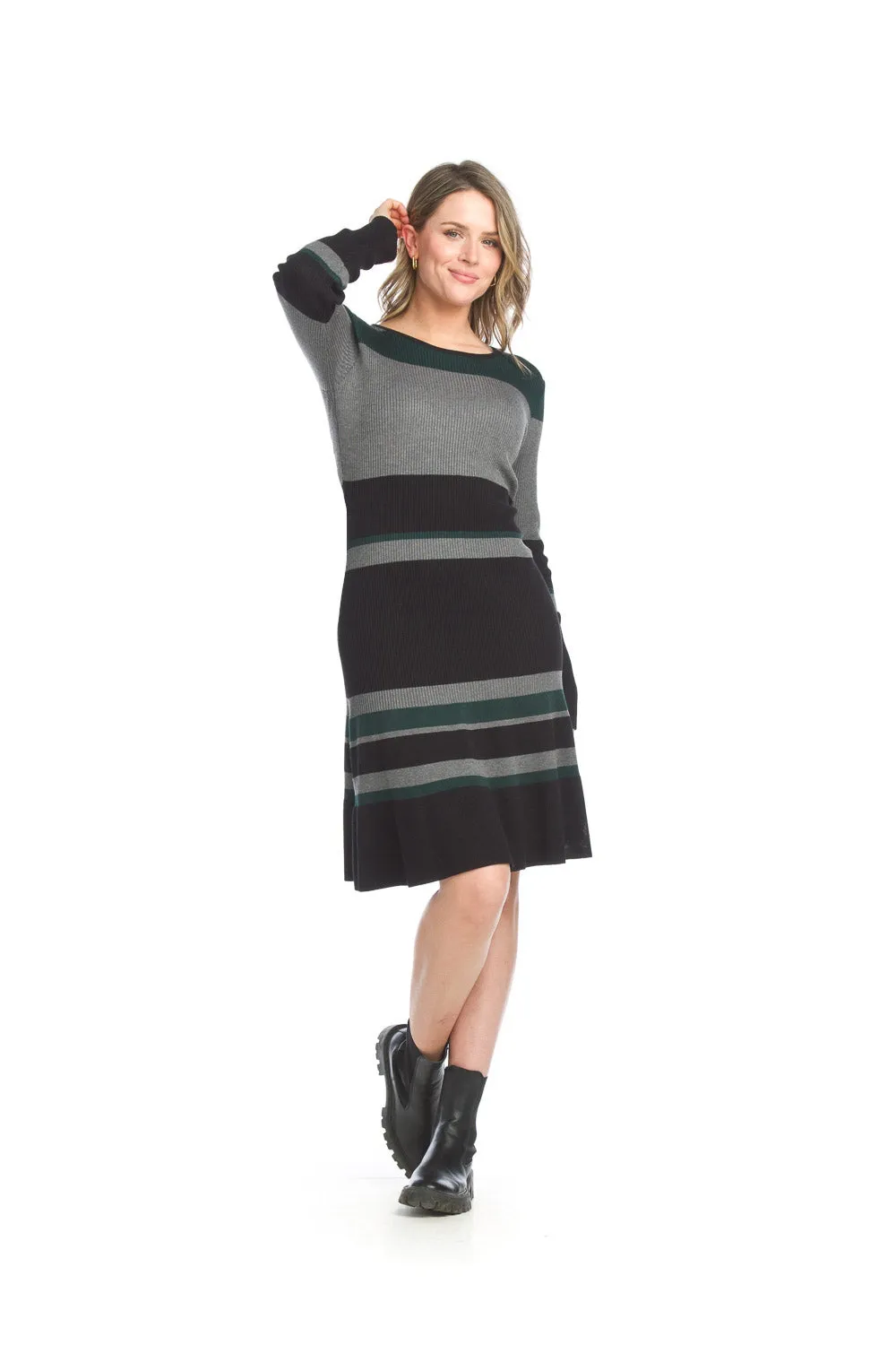 SD15415 BLACK Ribbed Stripe Viscose Blend Sweater Dress