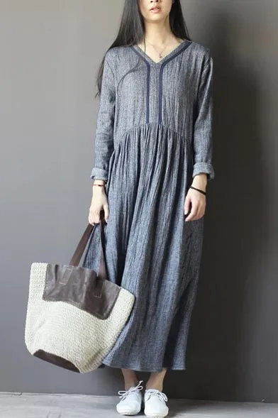 Set head v neck loose commuter dress with long sleeve  CYM330