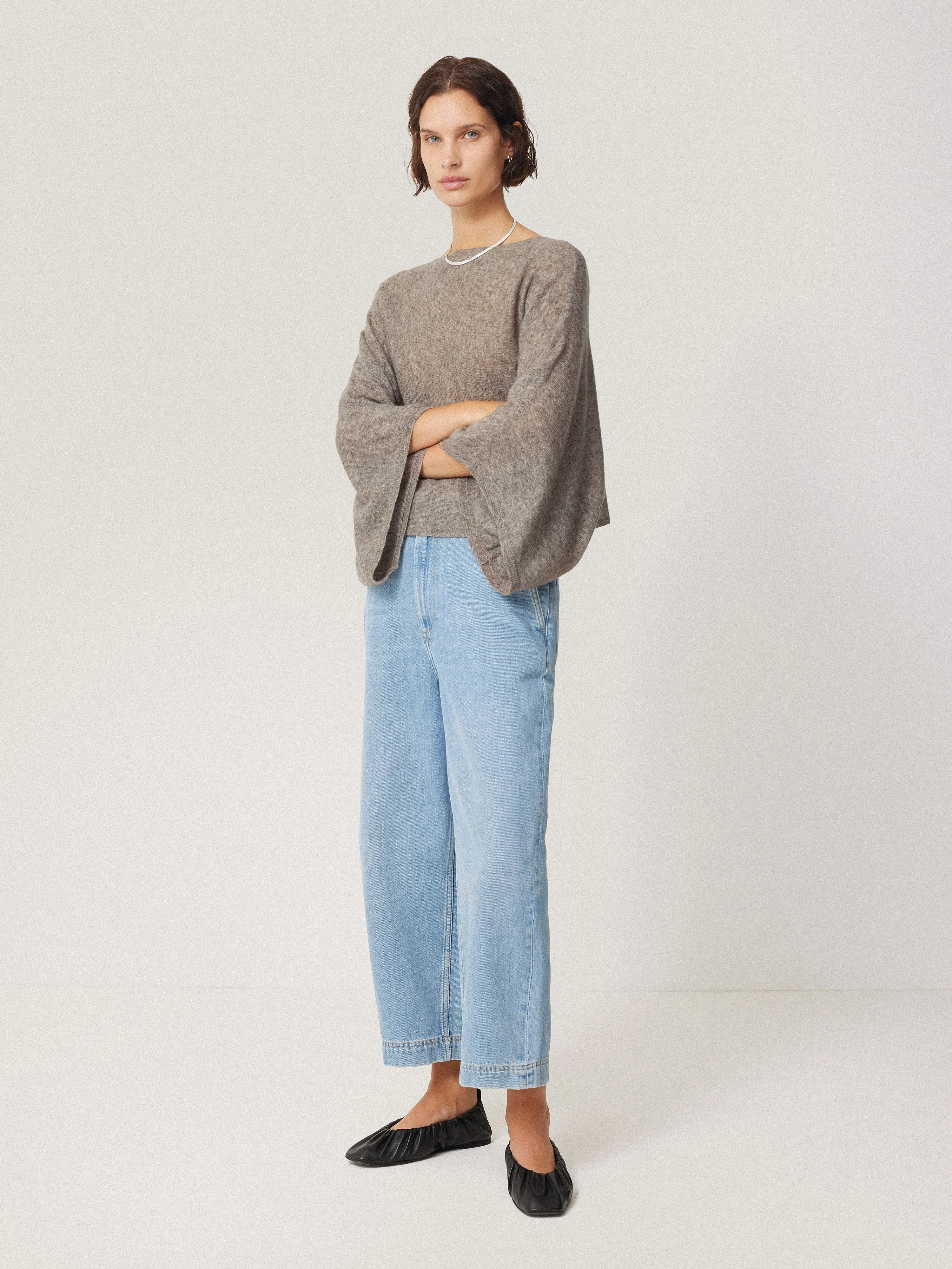 Soft Gauzy Knit Poncho Jumper | Taupe