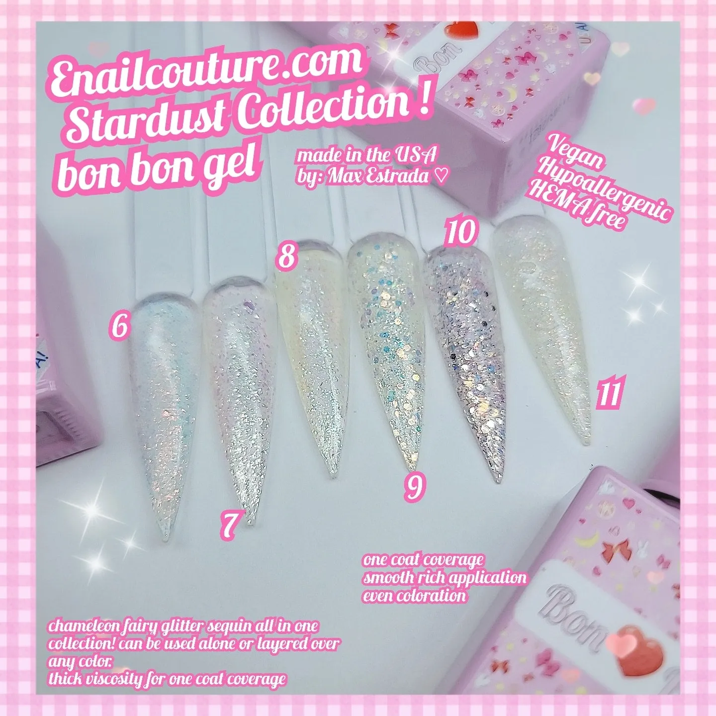 Stardust Bon Bon gel (Glitter Inspire Gel Nail Polish of 6 Colors Including Pink Nude Glitter Gel Polish Kit UV LED Soak Off Nail Polish Home DIY Manicure Nail Salon Varnish)