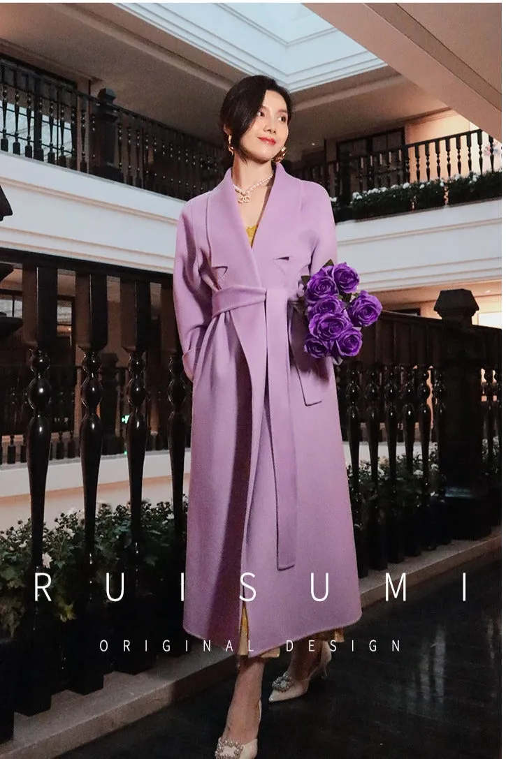 Super purple wool over-the-knee long coat with loose fully wool double-sided cashmere coat- Alias