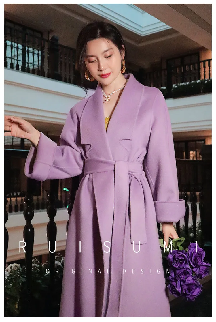 Super purple wool over-the-knee long coat with loose fully wool double-sided cashmere coat- Alias