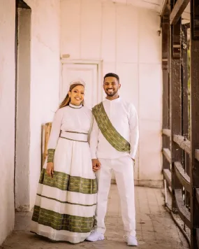 Verdant Elegance Habesha Couples' Outfits in Captivating Green Design