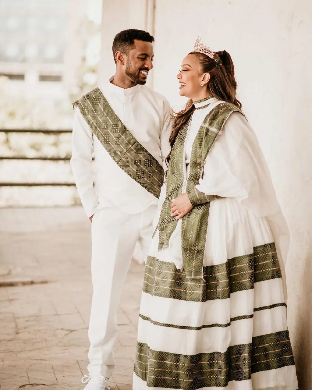 Verdant Elegance Habesha Couples' Outfits in Captivating Green Design