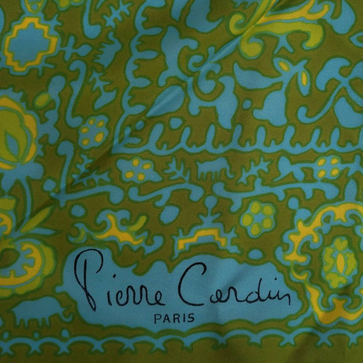 Vintage 1970s Pierre Cardin Silk Twill Scarf Olive Green Ornate Print 30"