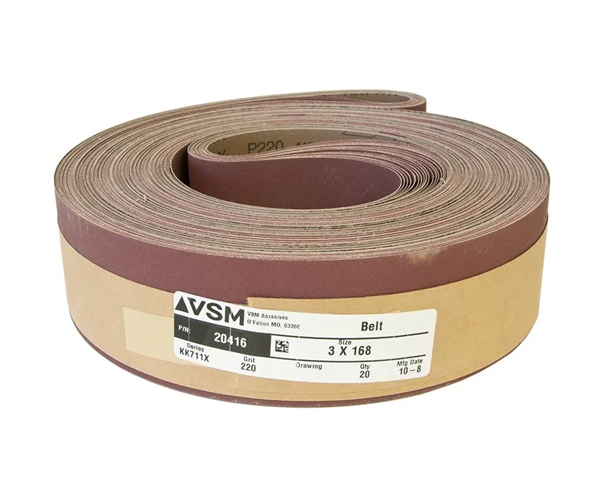 VSM Abrasive Sanding Belts 3" x 168" 220 Grit A/O - SOLD IN NEST OF 10 BELTS