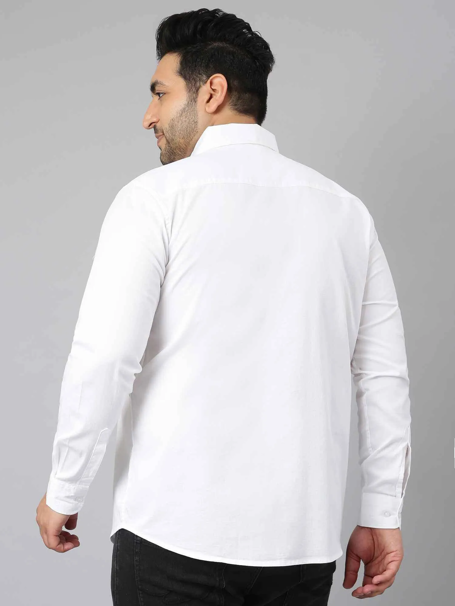 White Solid Pure Cotton Full Sleeve Shirt Men's Plus Size