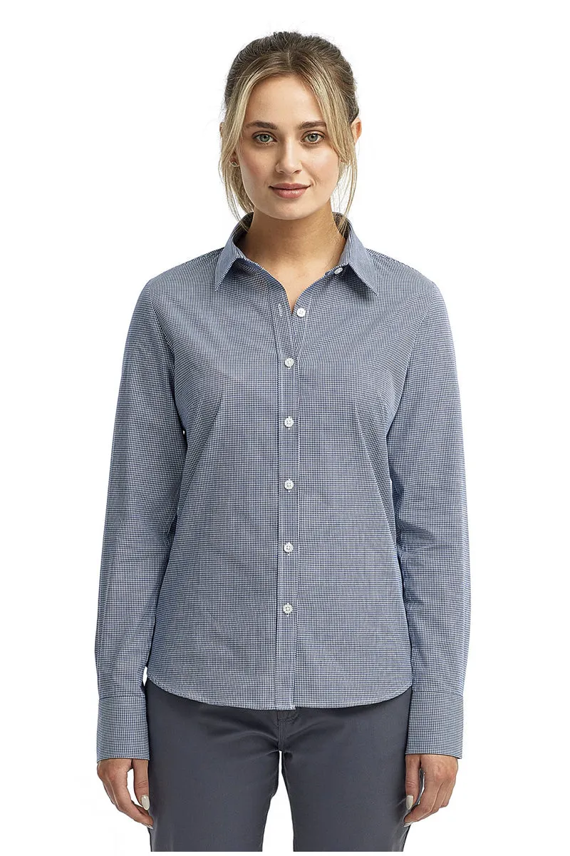 Women's Microcheck Long Sleeve Cotton Shirt (Navy / White)