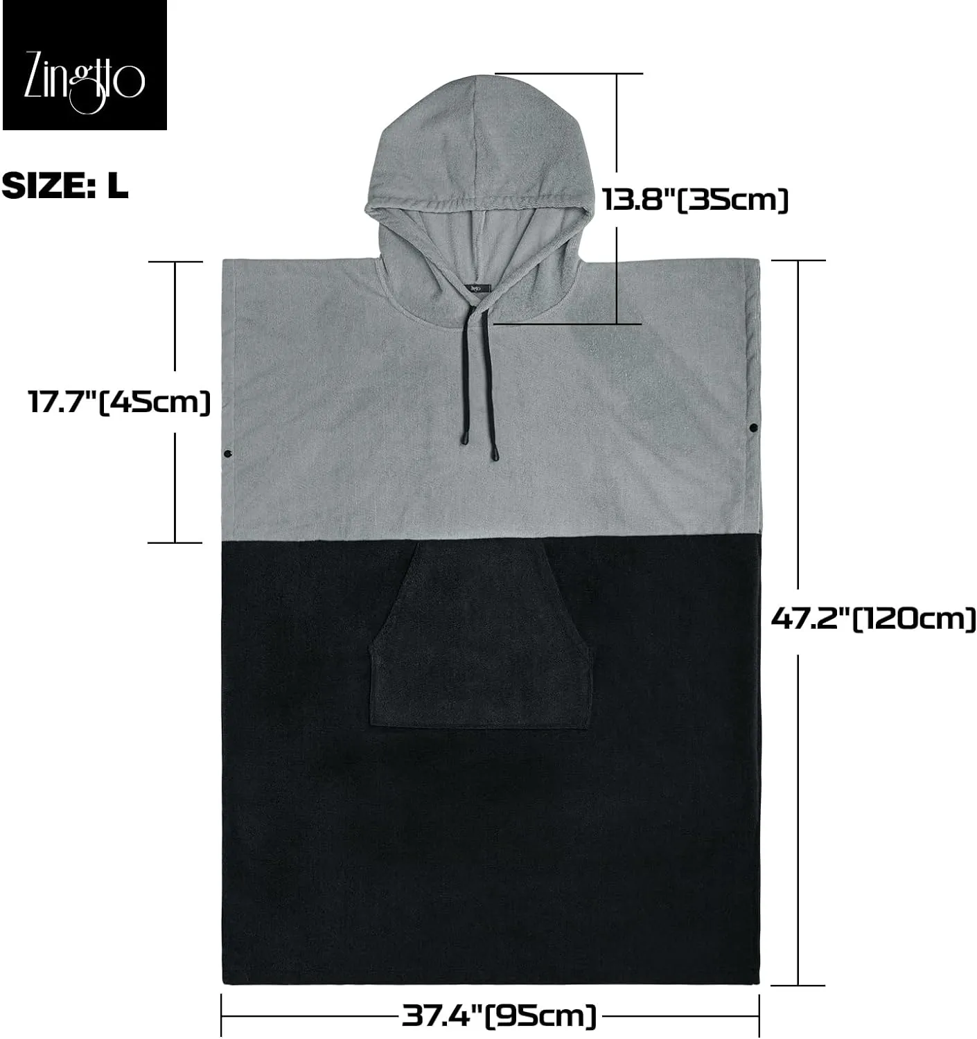 Zingtto Surf Poncho Changing Robe Extra Large Thick Towel Poncho for Men Women with Hood Pocket for Beach Swimming, 47‘’x37‘’, Black Gray