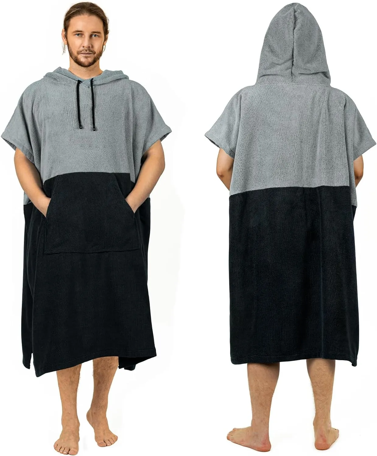 Zingtto Surf Poncho Changing Robe Extra Large Thick Towel Poncho for Men Women with Hood Pocket for Beach Swimming, 47‘’x37‘’, Black Gray